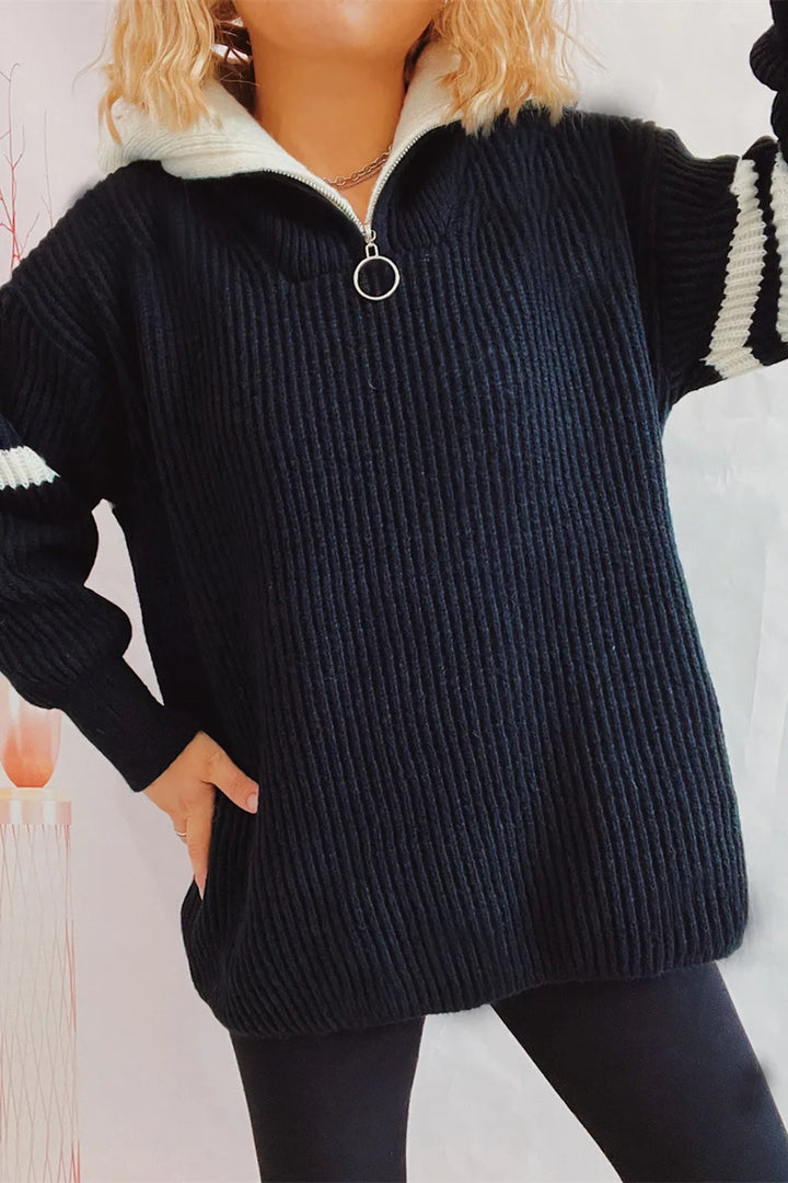 Quarter-zip ribbed knit sweater with striped sleeves