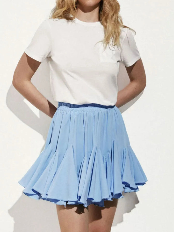 Blue Ruffled hem flare mini skirt with elastic waist