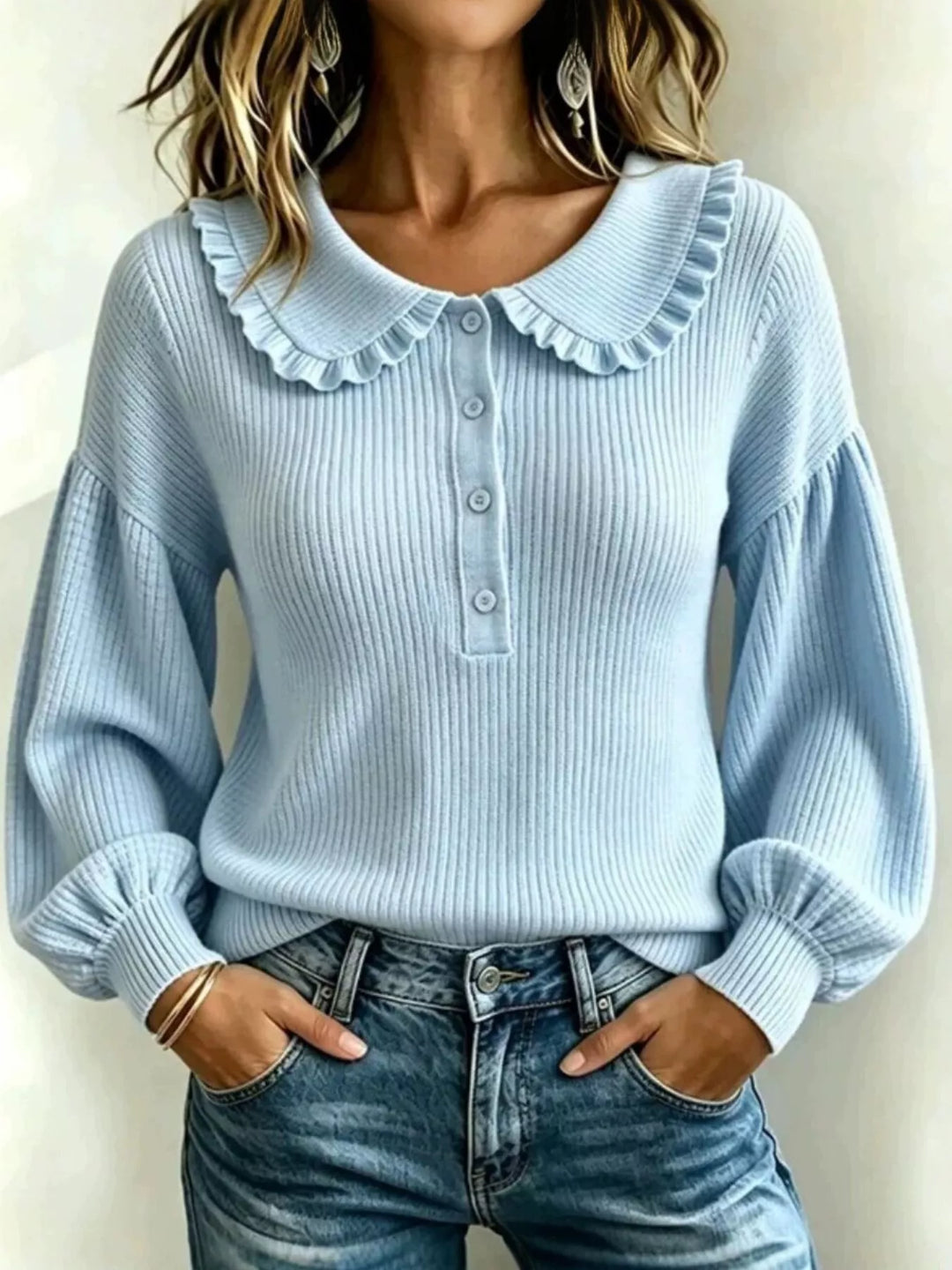 Sky Blue Ruffle collar ribbed knit sweater with button placket