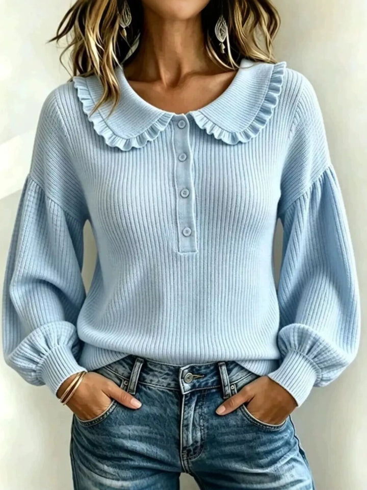Sky Blue Ruffle collar ribbed knit sweater with button placket
