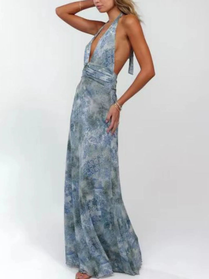 Backless floral halter deep V maxi dress with ruched waist