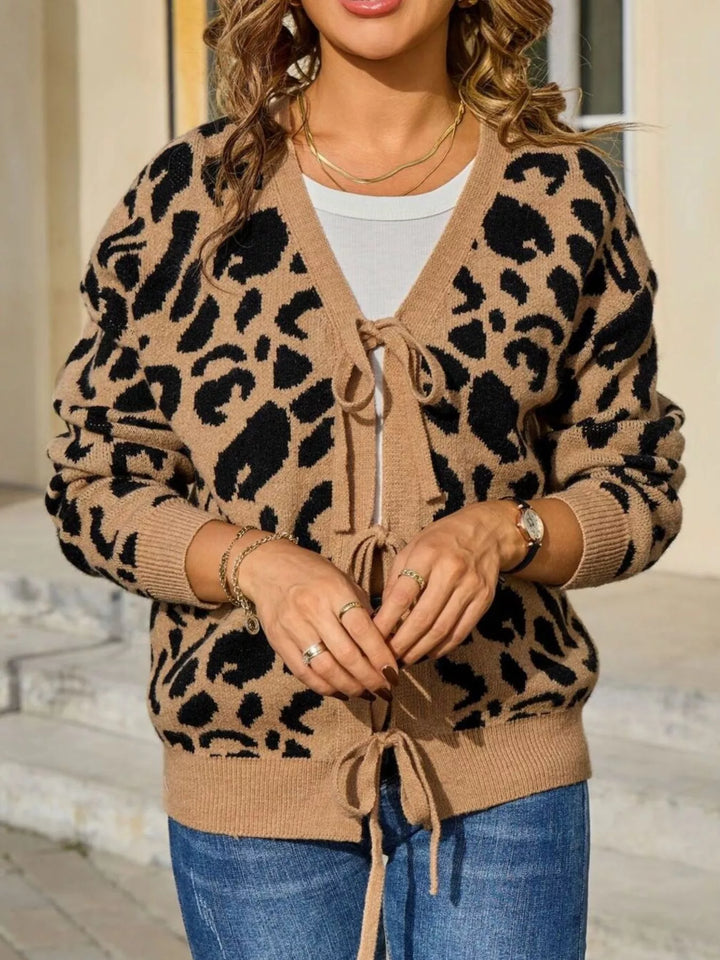 Khaki Long sleeve leopard print tie-front knit cardigan