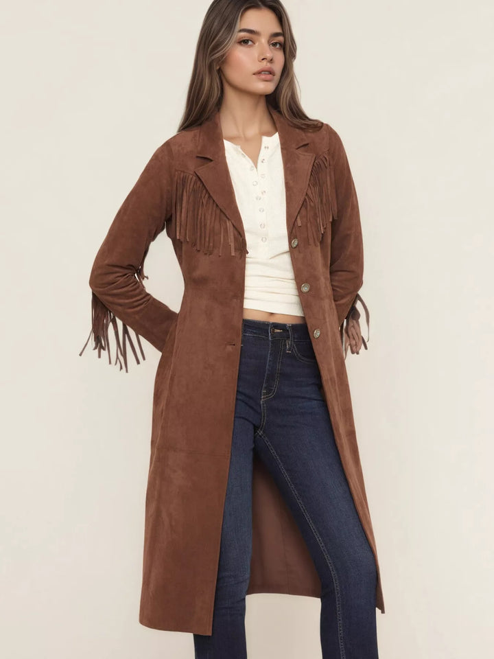 Brown Fringe shoulder faux suede western duster coat