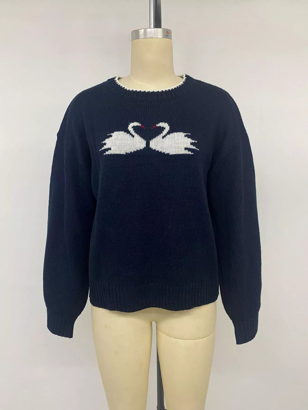 Swan intarsia drop-shoulder knit sweater with contrast trim