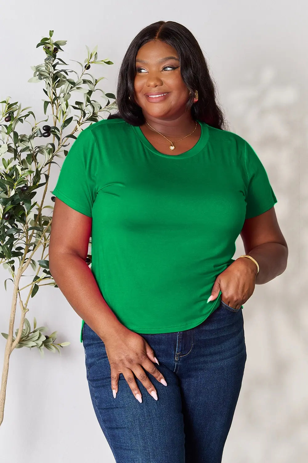 Round neck short sleeve tee in soft rayon knit