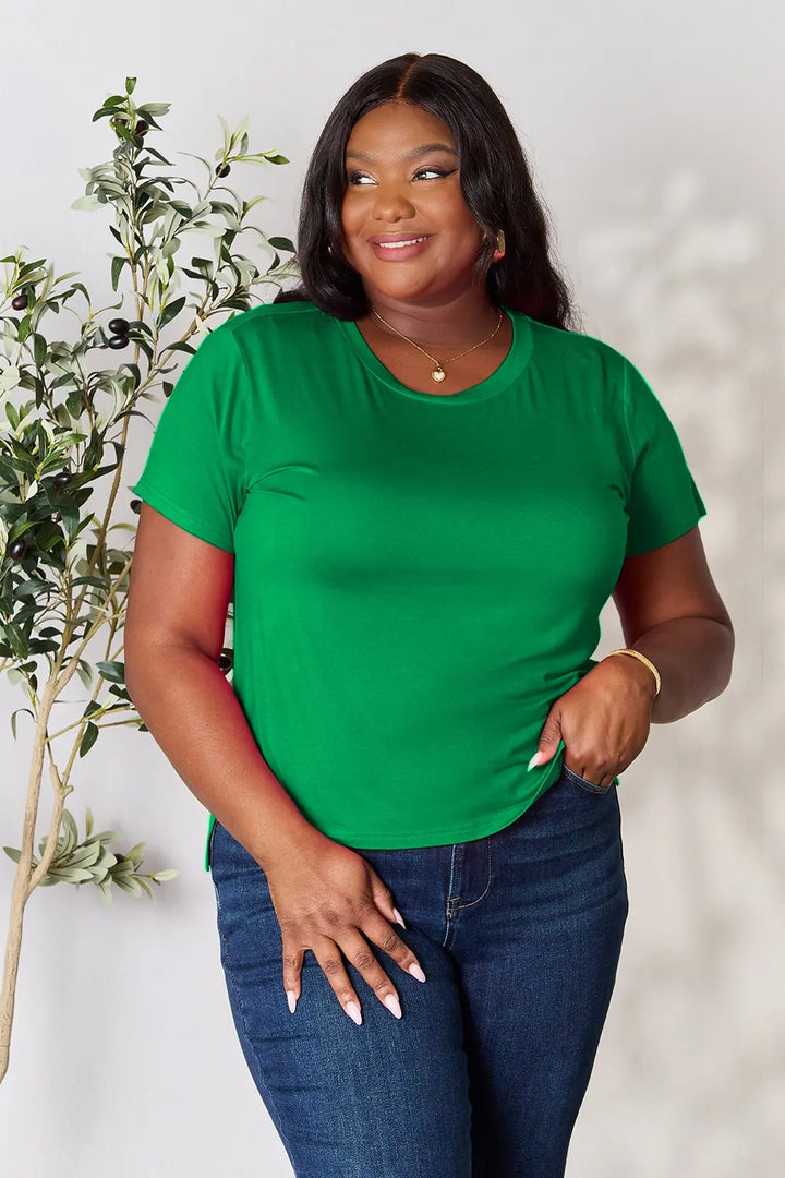 Round neck short sleeve tee in soft rayon knit