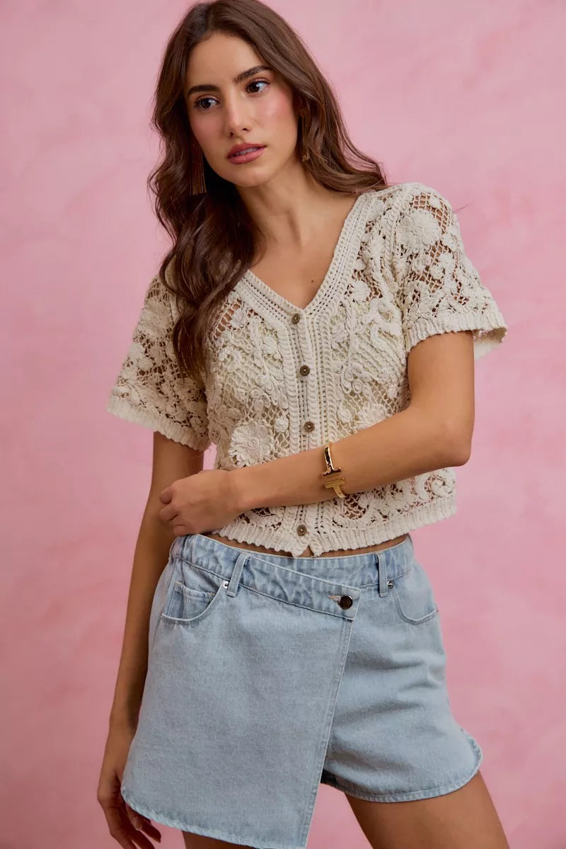 Wrap-front washed denim skort with pockets
