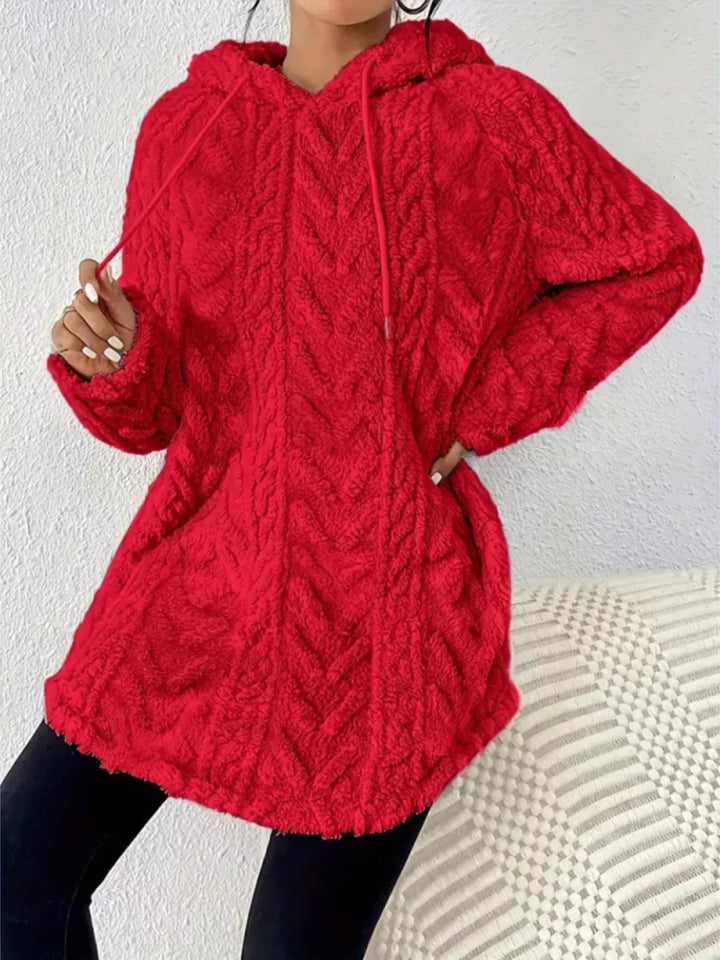 Red Textured cable-knit fleece pullover hoodie with drawstring