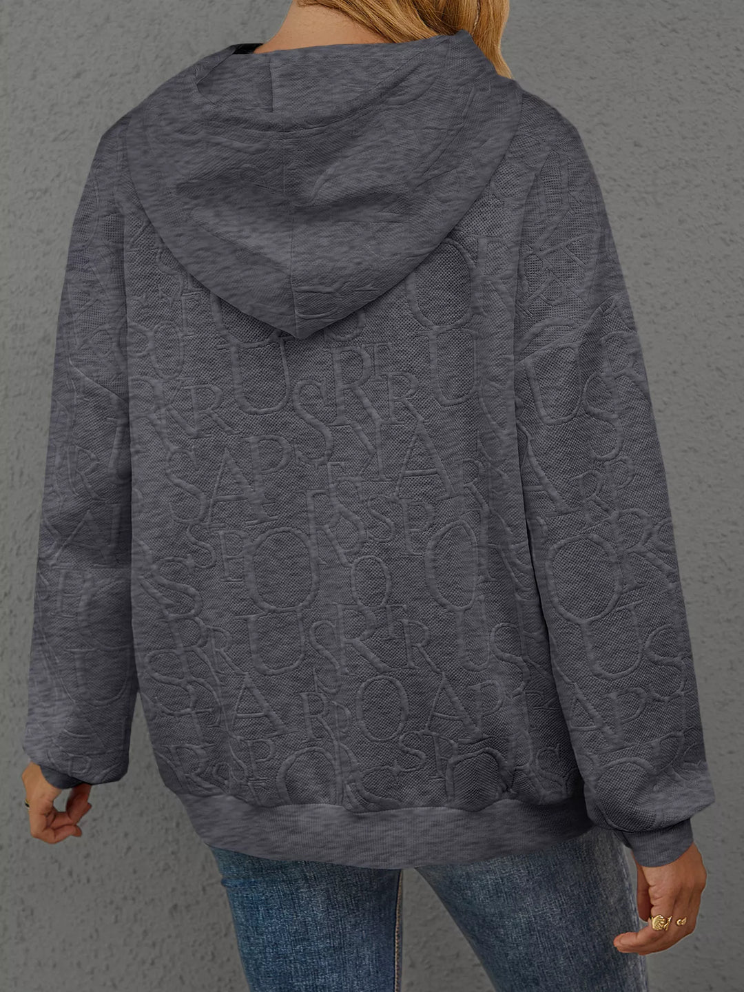 Embossed lettering drawstring pullover hoodie