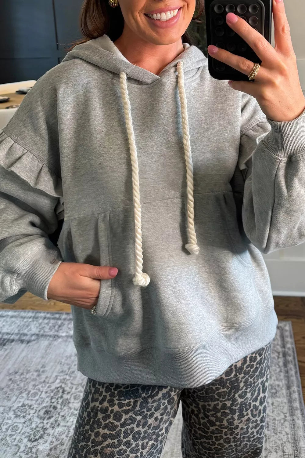 Gray Ruffle-trim drawstring pullover hoodie with kangaroo pocket