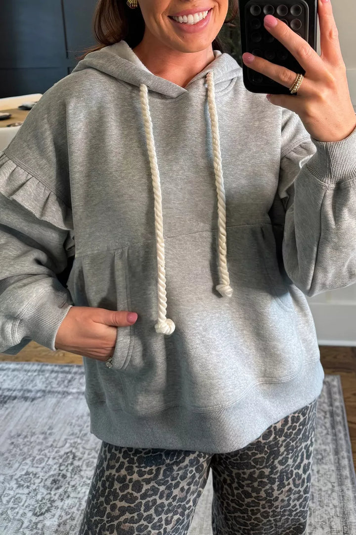 Gray Ruffle-trim drawstring pullover hoodie with kangaroo pocket