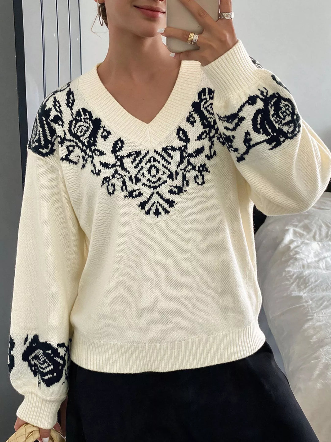 Floral jacquard V-neck dropped shoulder sweater