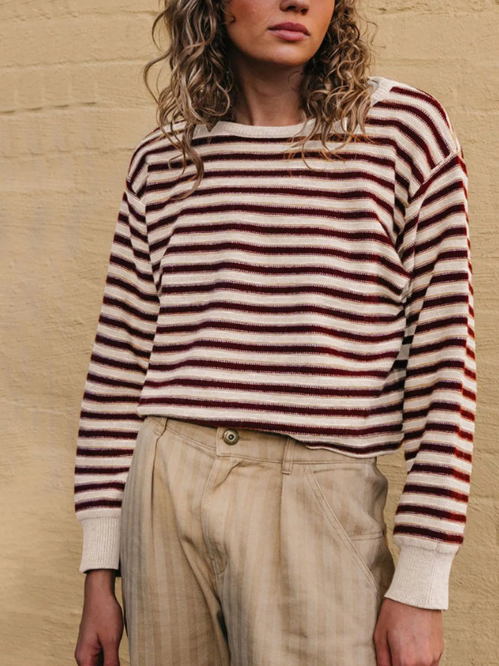 Striped ribbed knit crew neck sweater with drop shoulders