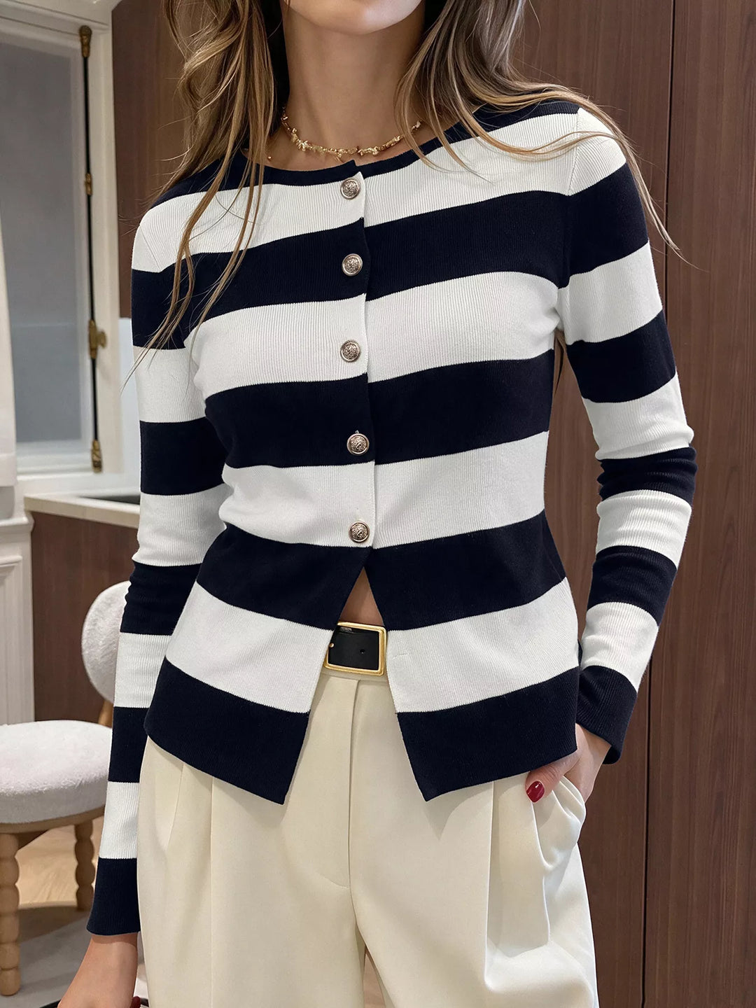 Black Wide stripe knit cardigan with gold crest buttons