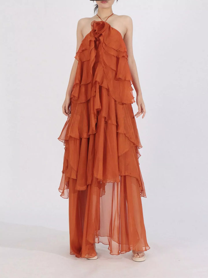 Orange Tiered ruffle chiffon halter maxi dress with rosette