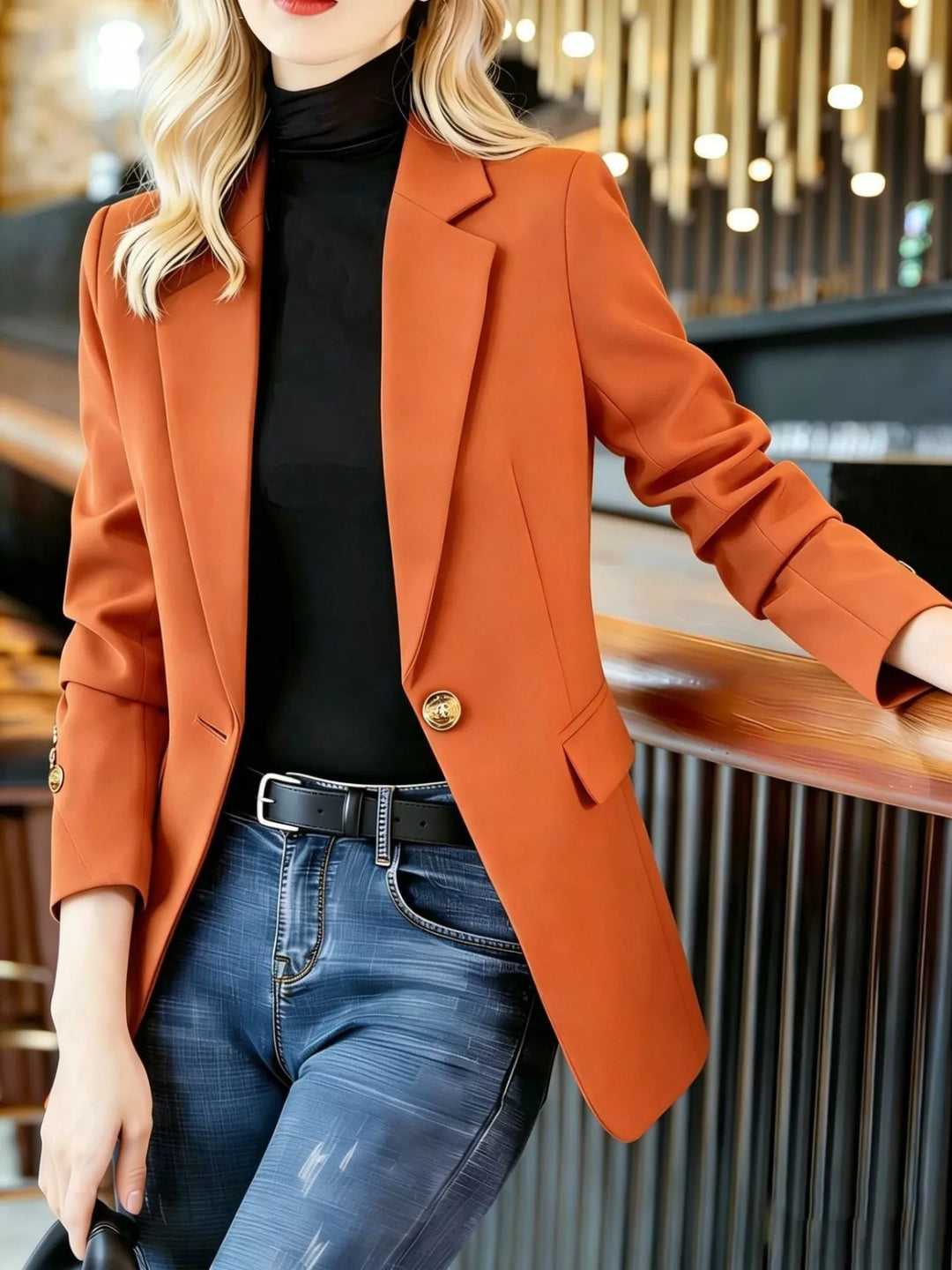 One-button notched lapel blazer with gold buttons