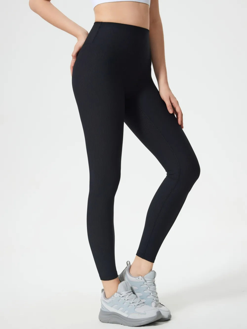 Black Ribbed high-waist active leggings with contoured waistband
