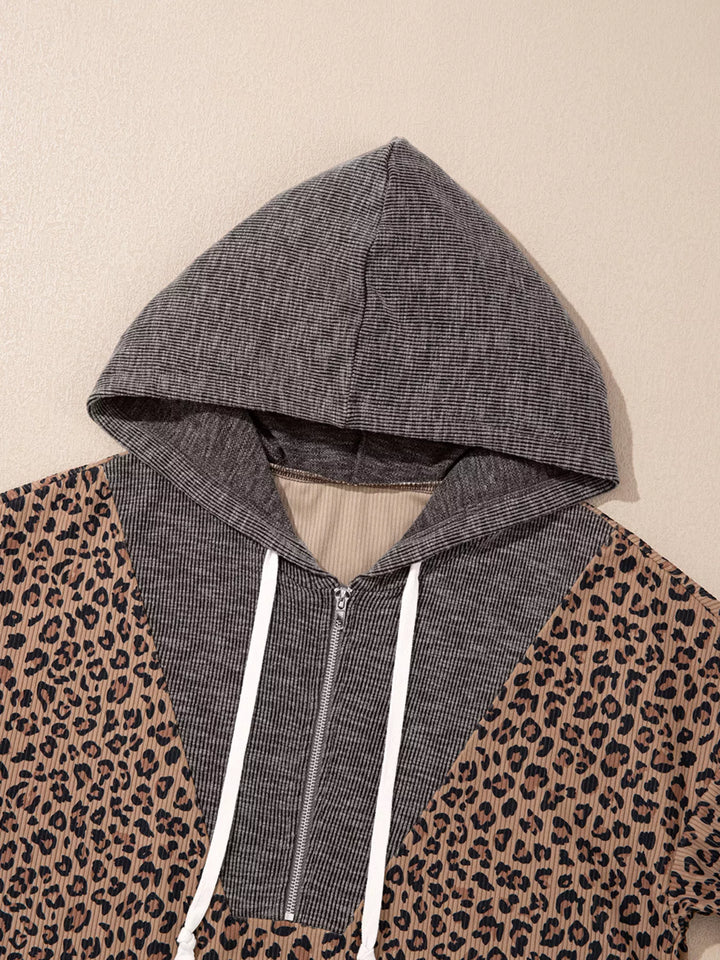 Ribbed leopard print half-zip hoodie with contrast hood
