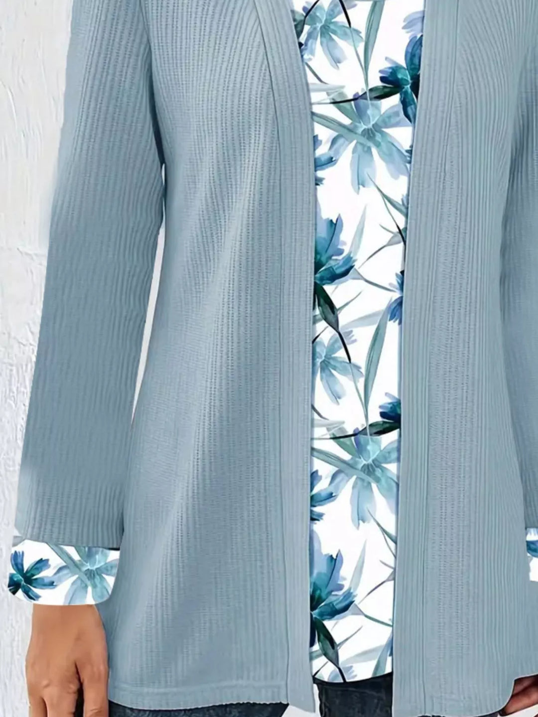 Floral two-in-one layered top with ribbed knit cardigan