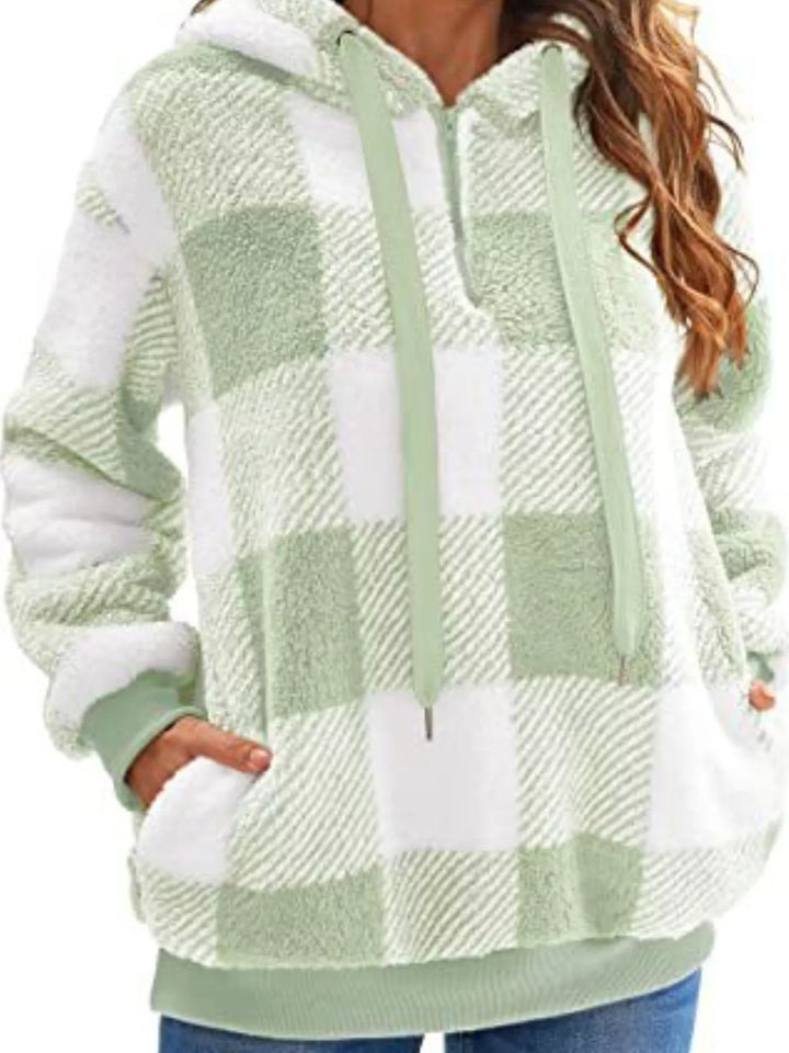 Plaid sherpa quarter-zip hoodie with front pocket