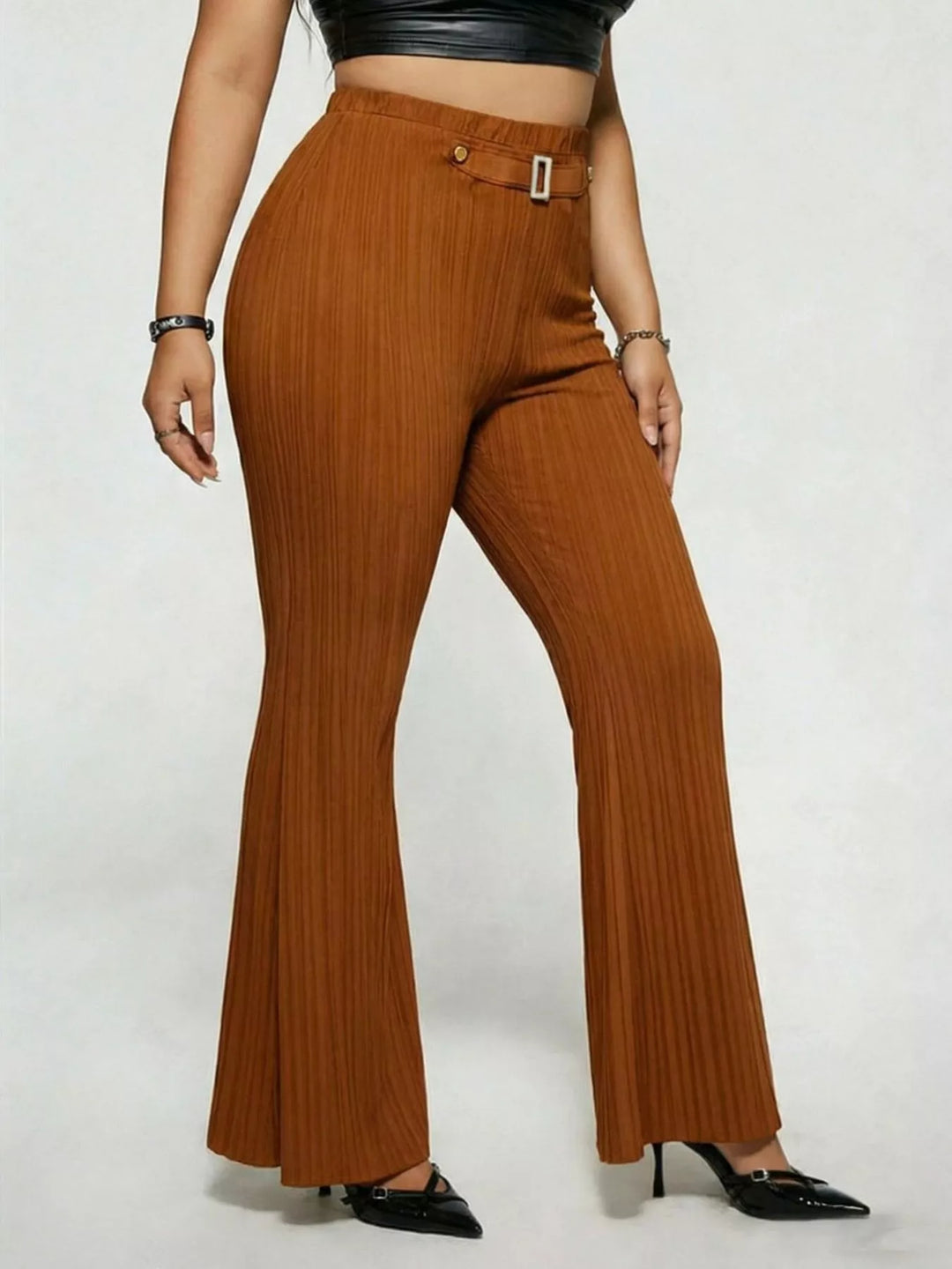 Plus size high-rise ribbed flare pants with buckle detail