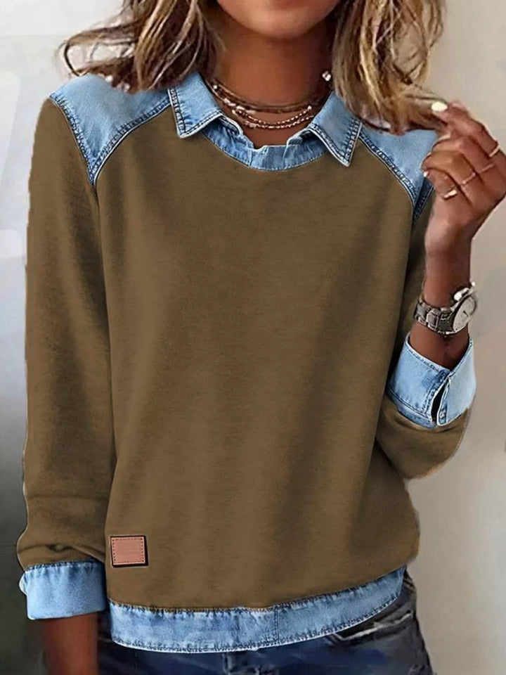 Yellow Coffee Color Denim-trim long sleeve crew neck pullover top