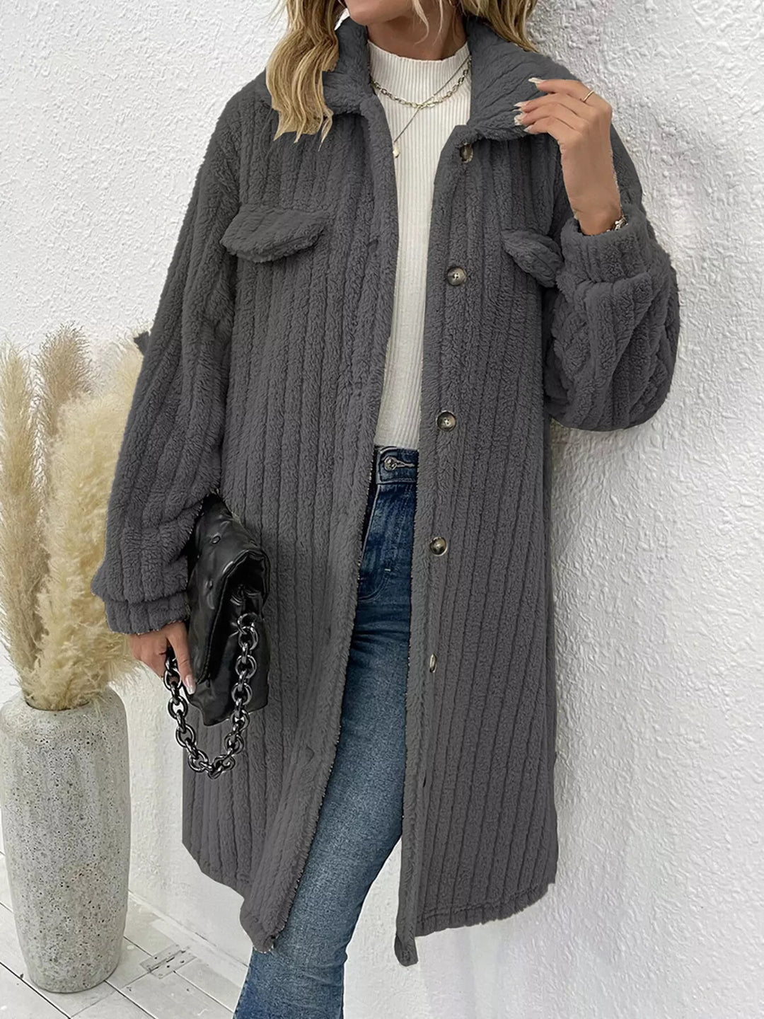 Ribbed fleece longline button-down coat with flap pockets