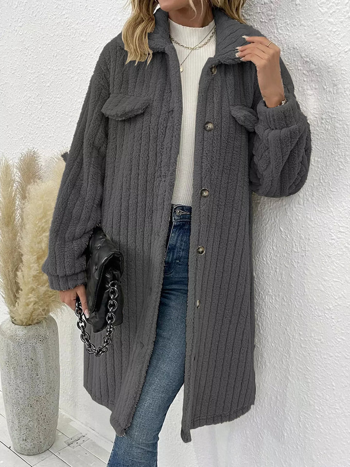 Ribbed fleece longline button-down coat with flap pockets