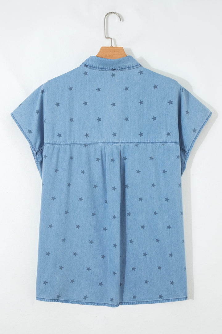 Star print short sleeve denim shirt with chest pockets