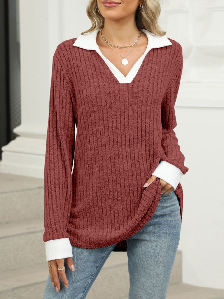 Ribbed knit long sleeve top with contrast collar and cuffs