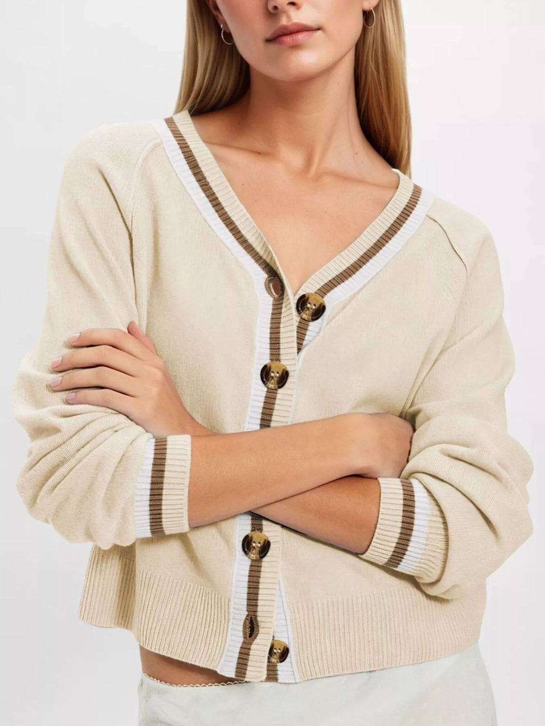 Apricot Striped trim V-neck button-down knit cardigan