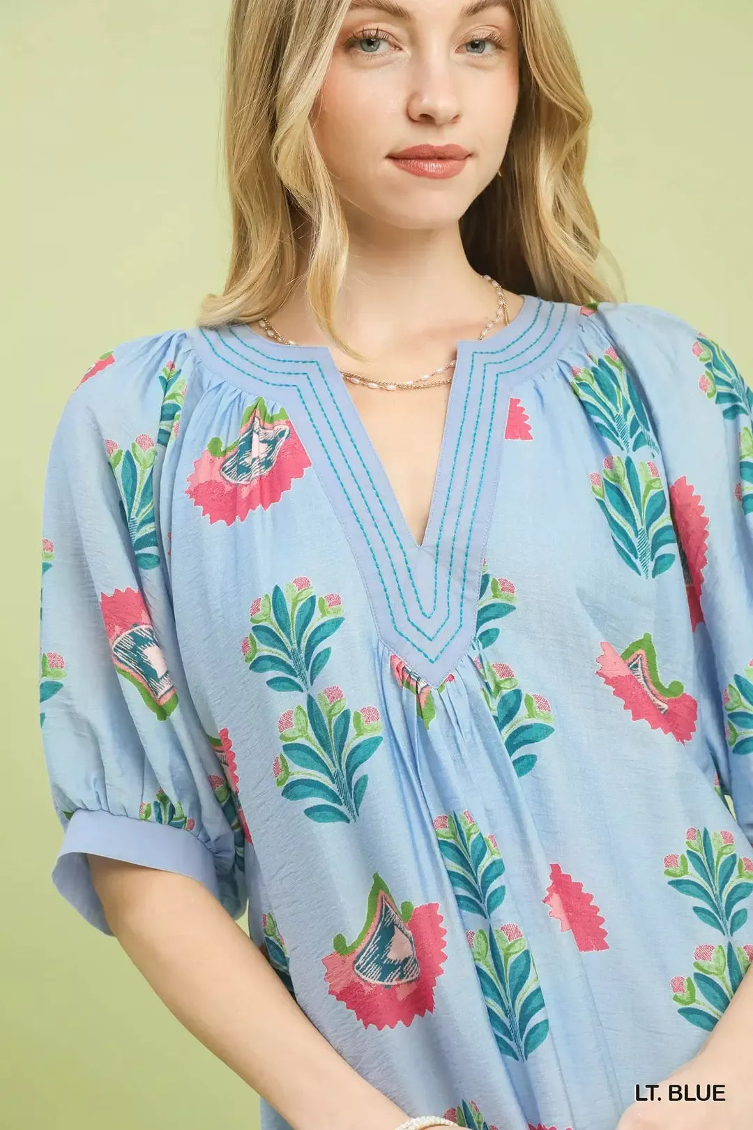 Floral block print V-neck mini dress with puff sleeves