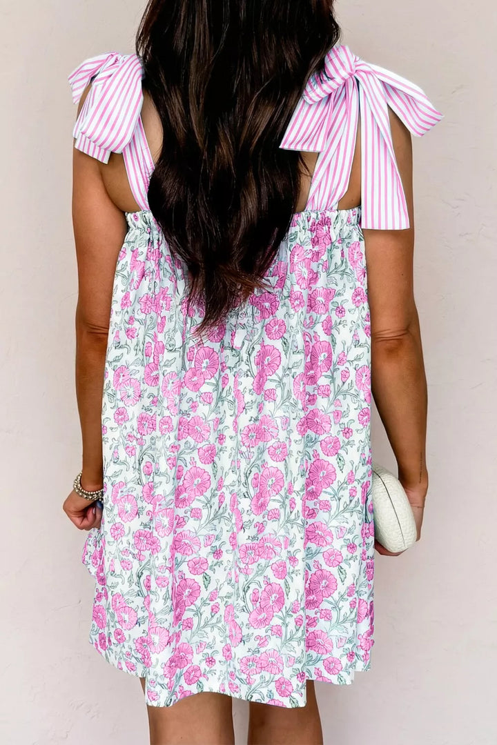 Tie-shoulder floral babydoll mini dress with striped bodice
