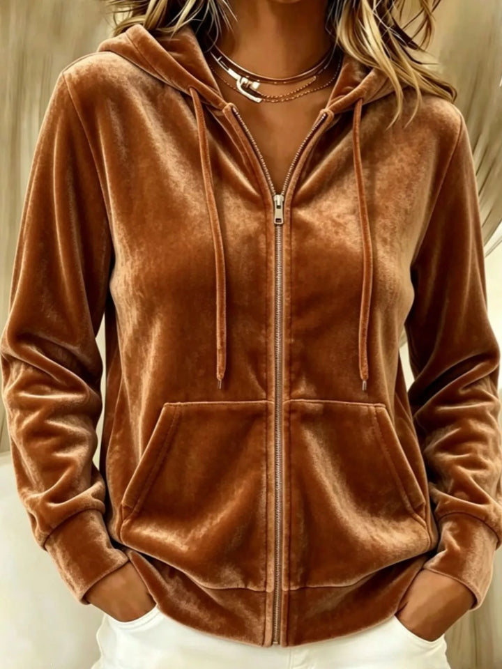 Caramel Velvet zip-up hoodie jacket with drawstring and front pockets