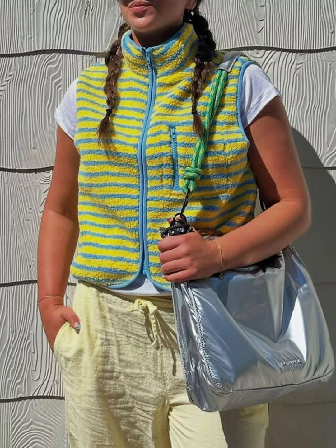 Striped fleece zip-up vest with stand collar