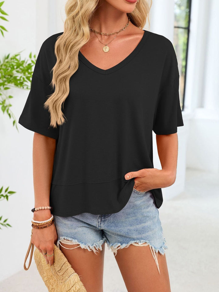 Relaxed-fit V-neck short sleeve tee with raw hem