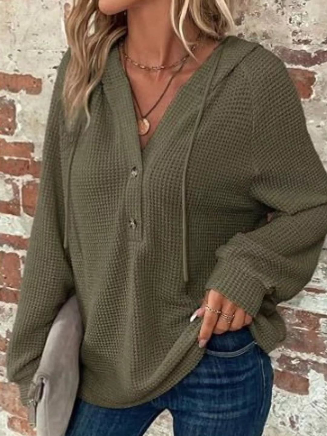 Army Green Waffle knit button-front hoodie with drawstring hood