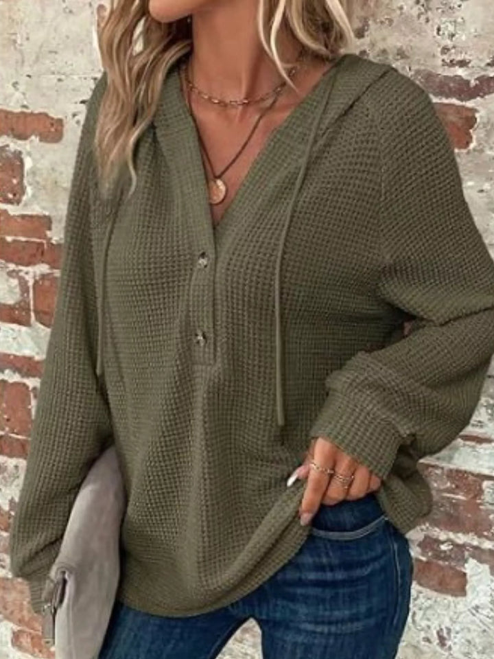 Army Green Waffle knit button-front hoodie with drawstring hood