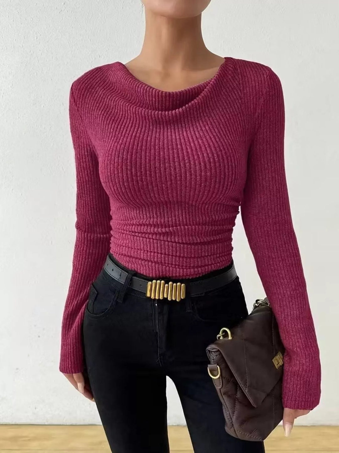 Ruched cowl neck ribbed knit long sleeve top