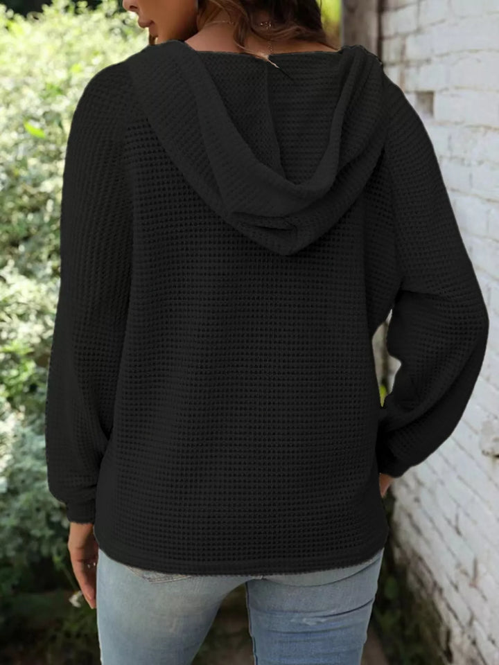 Button-detail waffle knit hoodie with drawstring hood