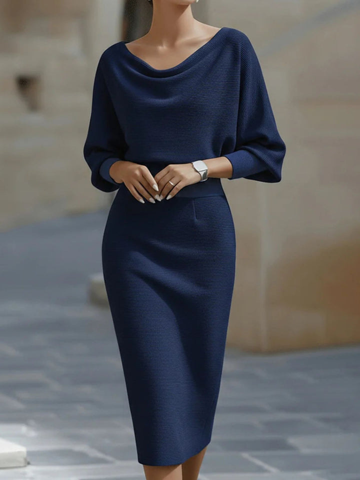 Navy Blue Cowl neck batwing ribbed knit bodycon midi dress