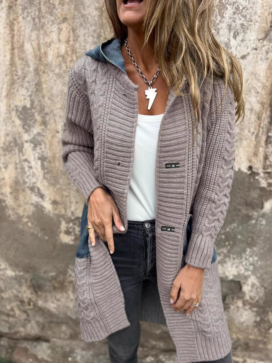 Khaki Hooded cable knit longline cardigan with toggle buttons