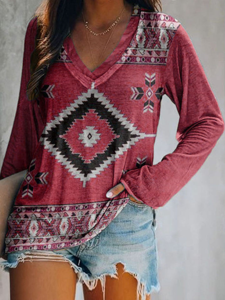Red Aztec geometric print v-neck long sleeve top