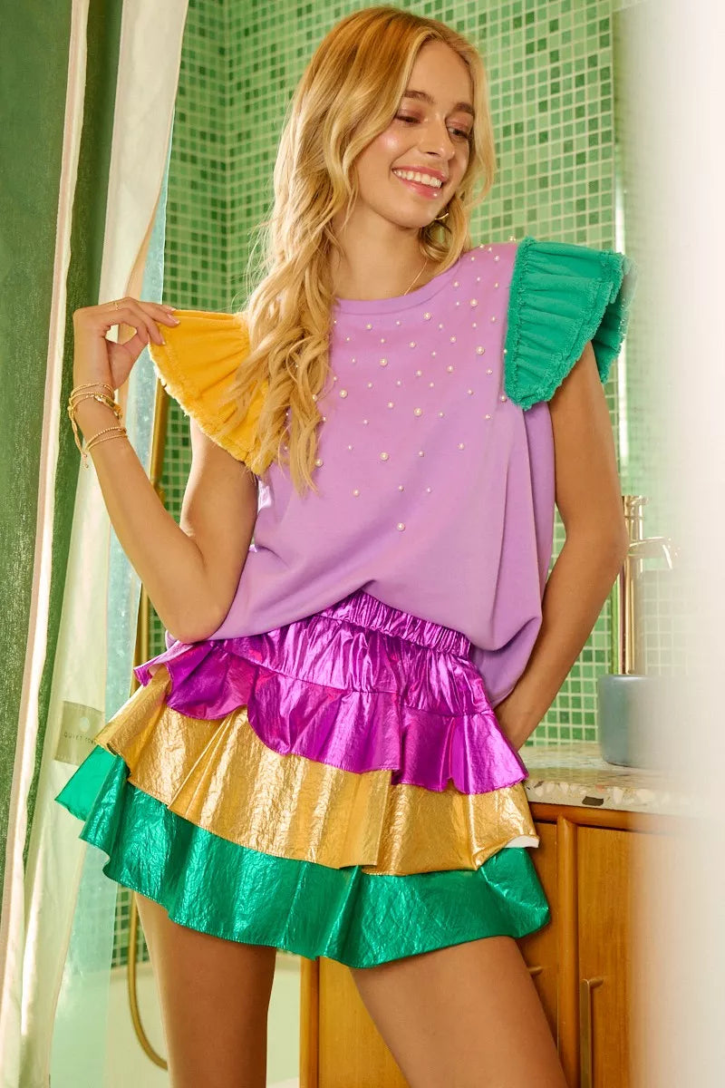 PURPLE/MUSTARD/GREEN Pearl-studded flutter sleeve top with frayed ruffle trim