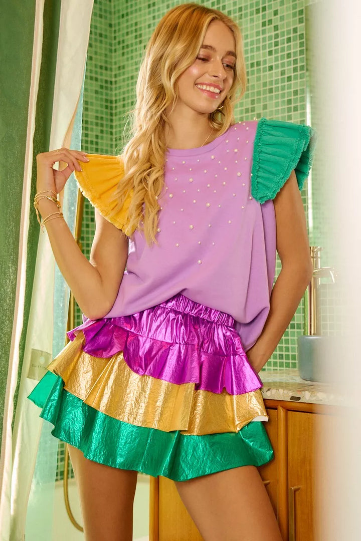 PURPLE/MUSTARD/GREEN Pearl-studded flutter sleeve top with frayed ruffle trim
