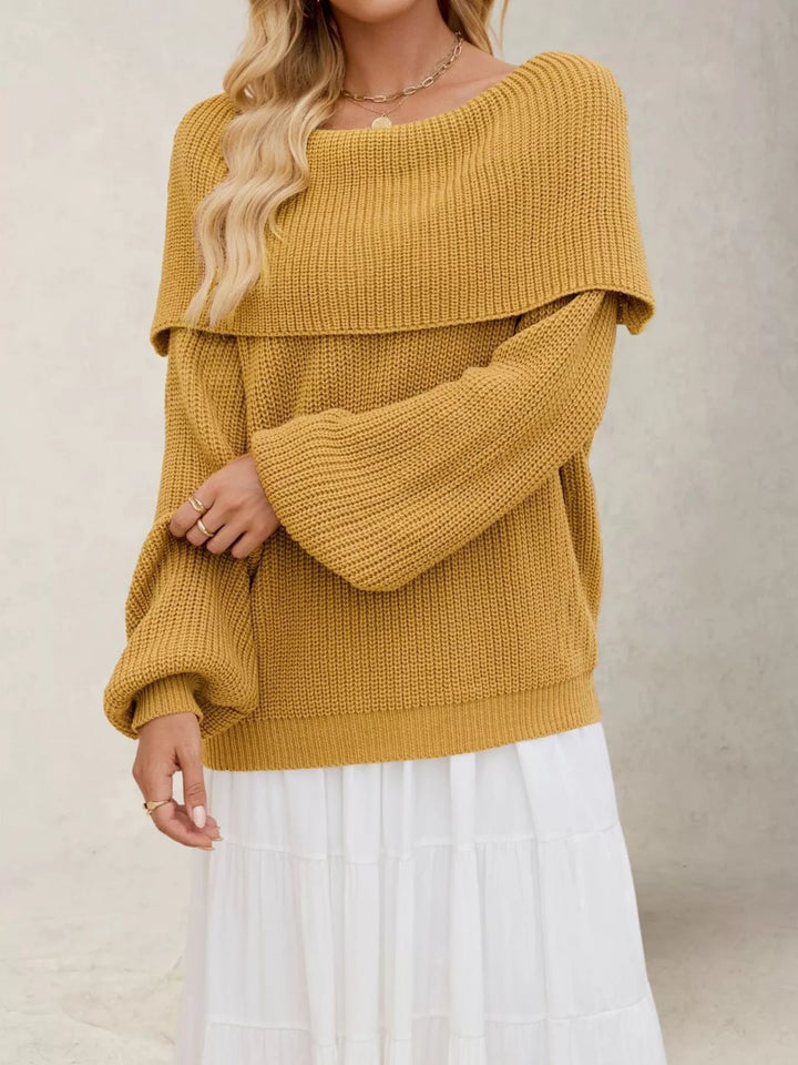 Off-shoulder ribbed knit sweater with foldover collar