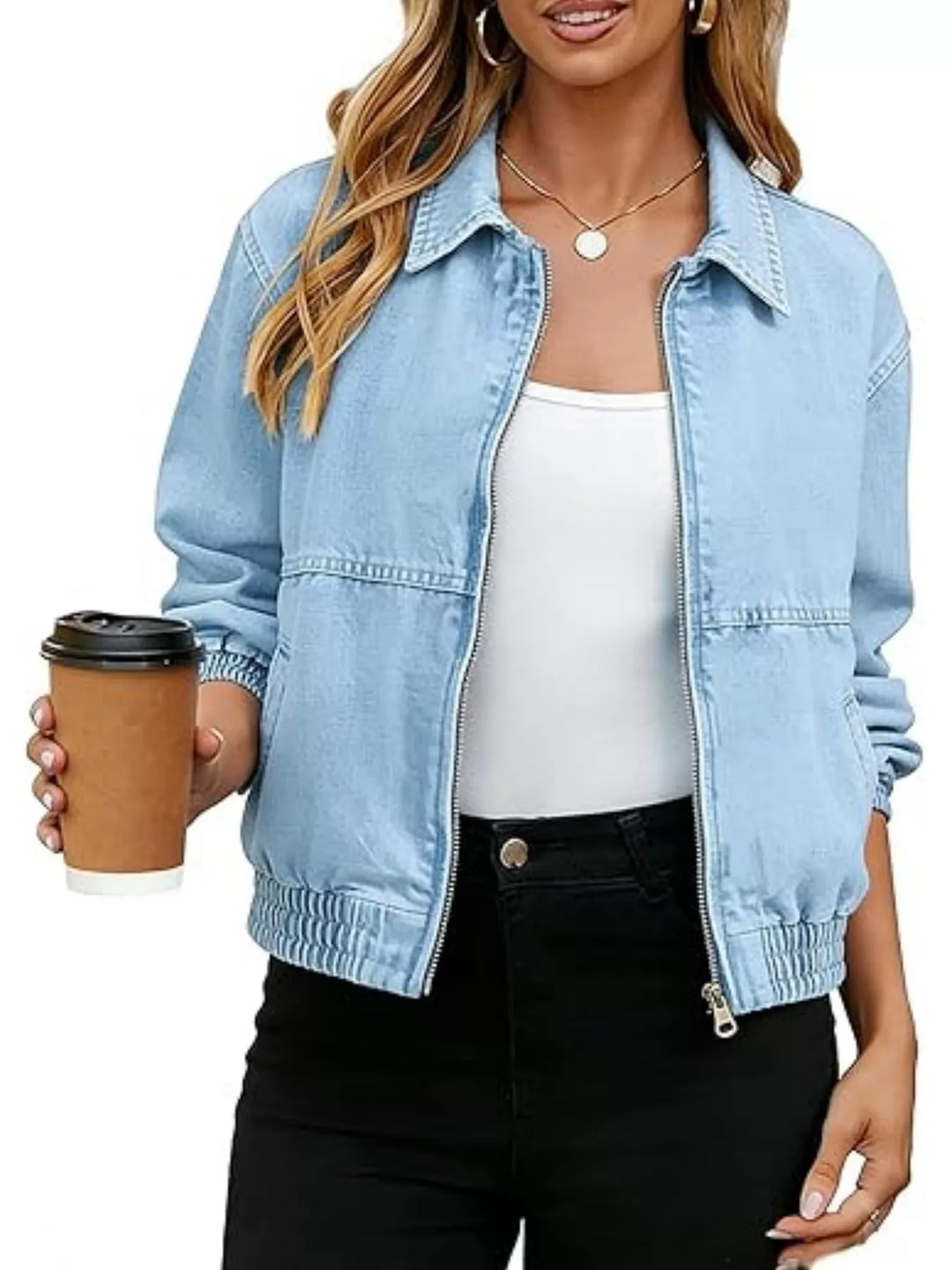 Sky Blue Zip-front washed denim bomber jacket with ribbed hem