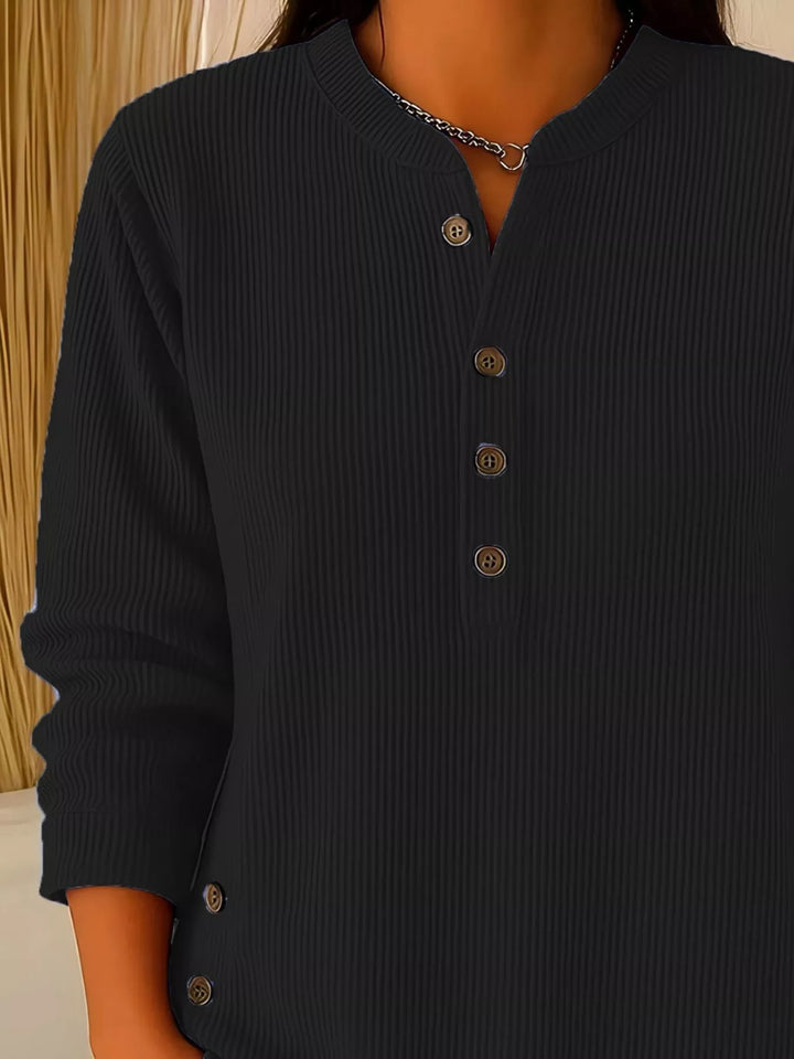 Ribbed half-button henley top with side buttons