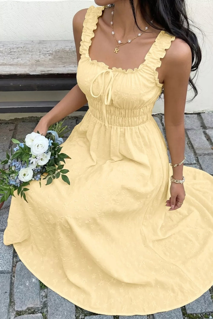 Square-neck smocked-waist maxi dress with ruffle straps