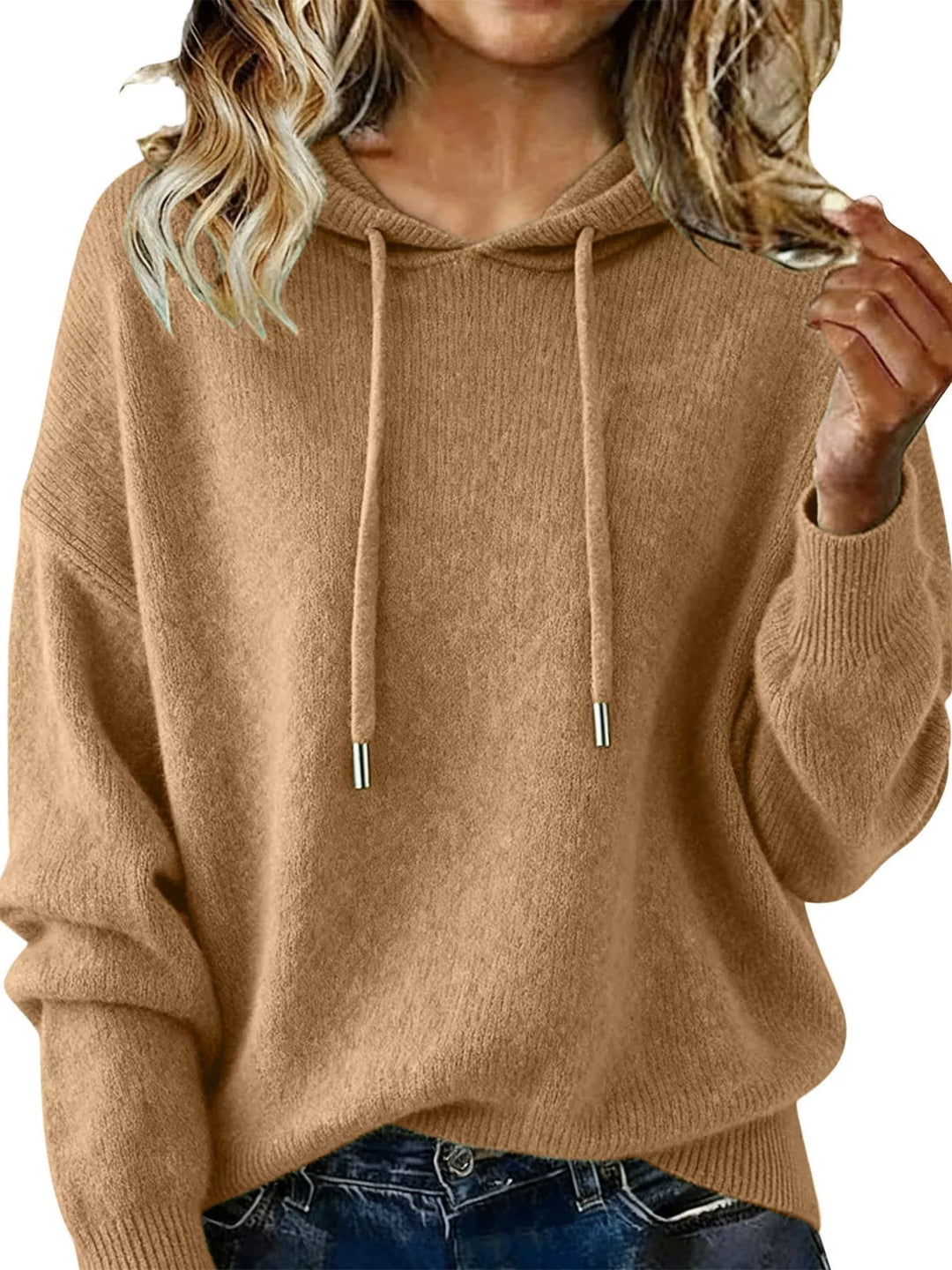 Khaki Drawstring hooded knit sweater with ribbed cuffs